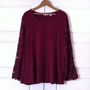 Susan Graver Liquid Knit Top Large Burgundy Floral Lace Bell Sleeve Dark Fairy